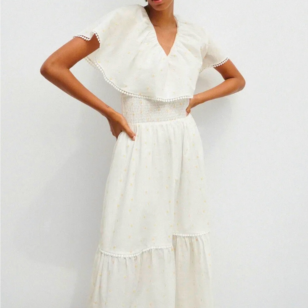 Zara Oyster White Long Ruffle Dress Size Small Embroidered NWT